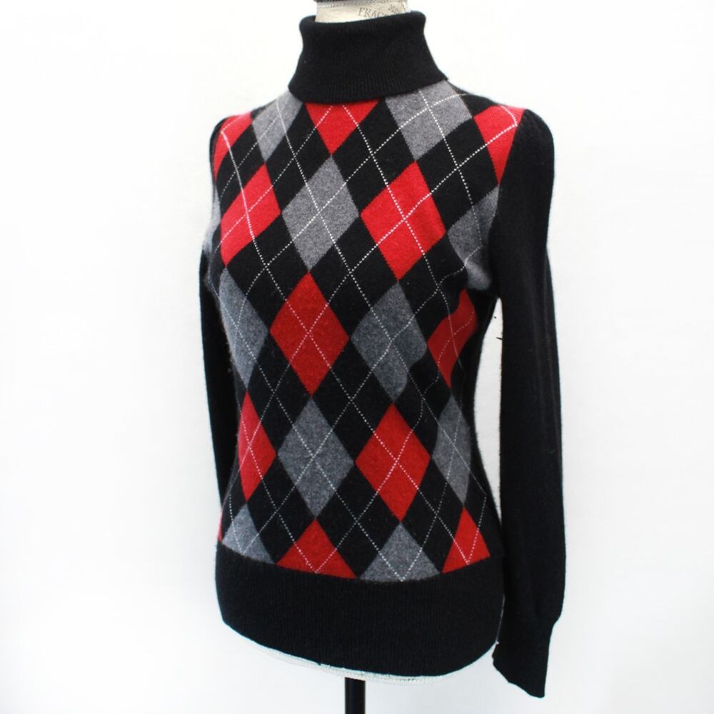 Apt. 9 Sweater Pullover 100% Cashmere Turtleneck Red Argyle Diamond Preppy Large